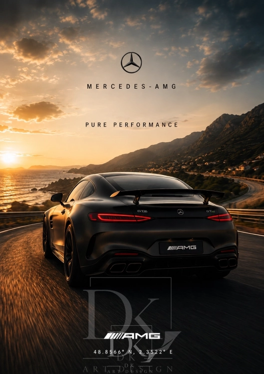 Mercedes-AMG GT na nadmorskiej trasie o zachodzie słońca.webp